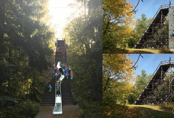 Kuntoportaat, liukumäki, kiipeily, näkötorni Keskuspuistoon Ruskeasuon hyppyrimäen paikalle