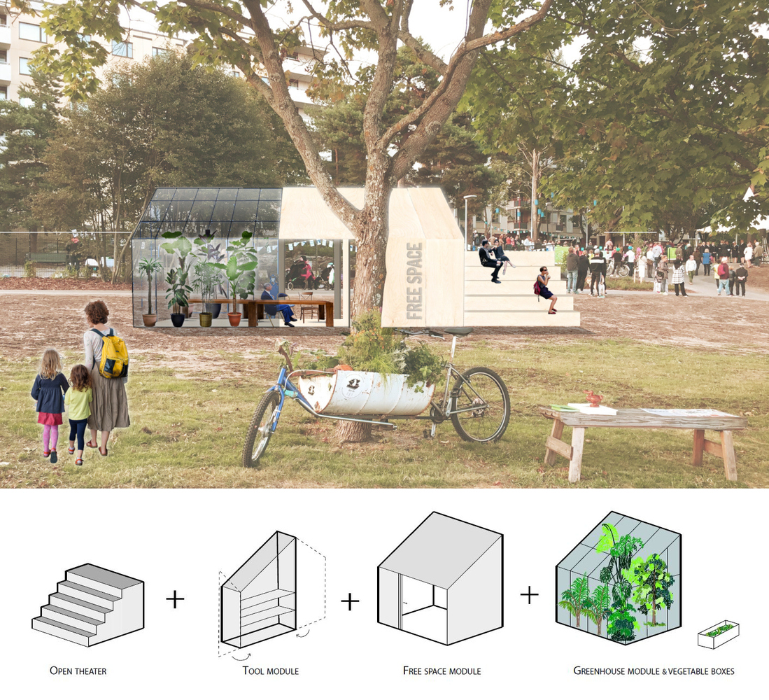 Yhteisiä oleskelu- ja harrastustiloja puistoihin