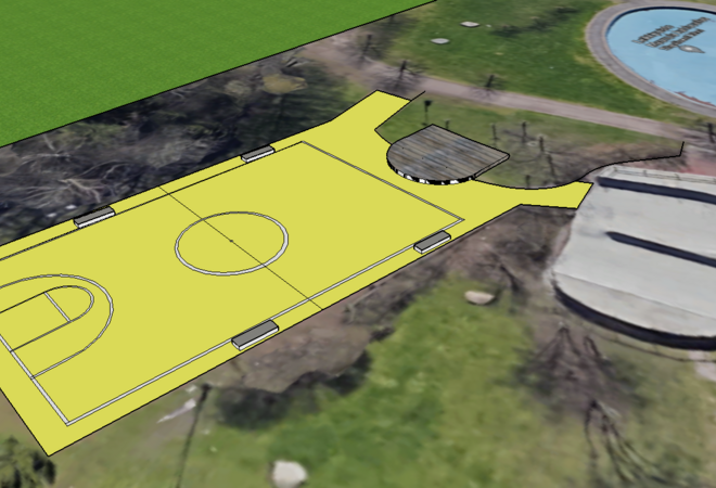 Monitoimikenttä musiikille, skeittareille, koripallolle ja muulle toiminnalle vanhan koripallokentän tilalle Maunulan leikkipuistoon.